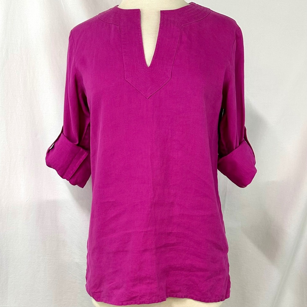 LAUREN RALPH LAUREN Fuchsia 100% Linen Roll Tab Sleeve Tunic Women's S Preppy - Picture 2 of 8